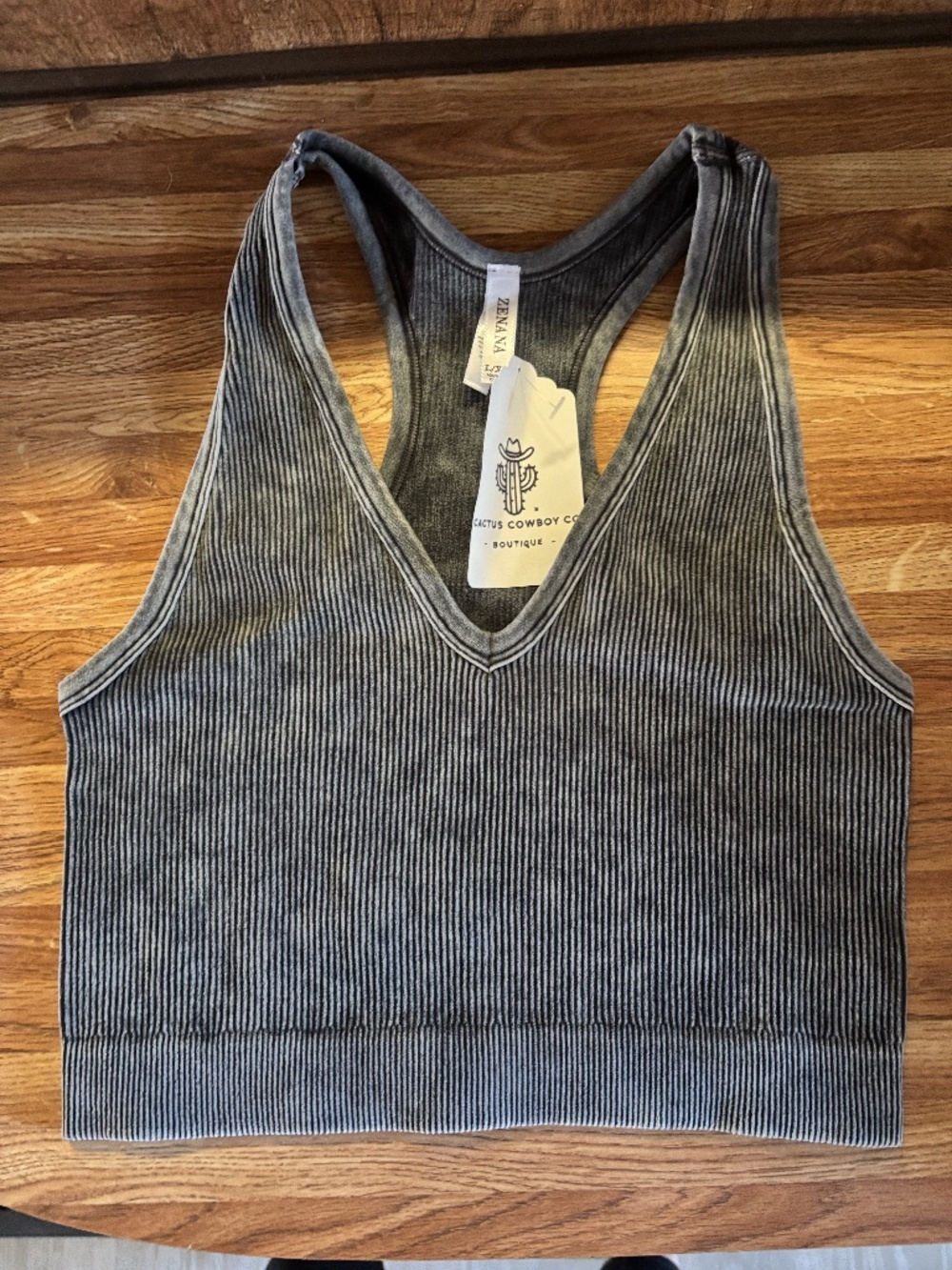 Zenana Washed Ribbed Racerback Crop Tank/Bralette Charcoal Gray L/XL